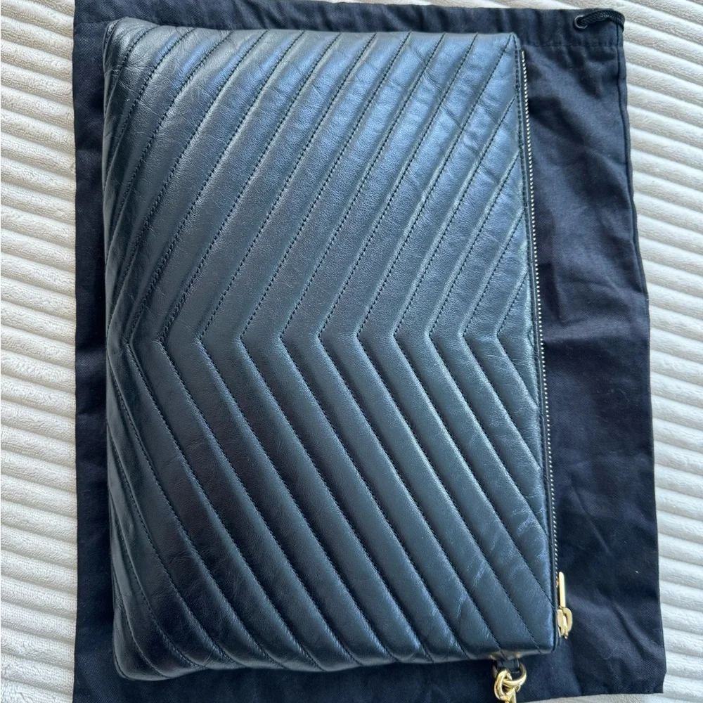 Saint Laurent Black Quilted Chevron Leather Wristlet with Gold YSL Logo - Picture 8 of 16